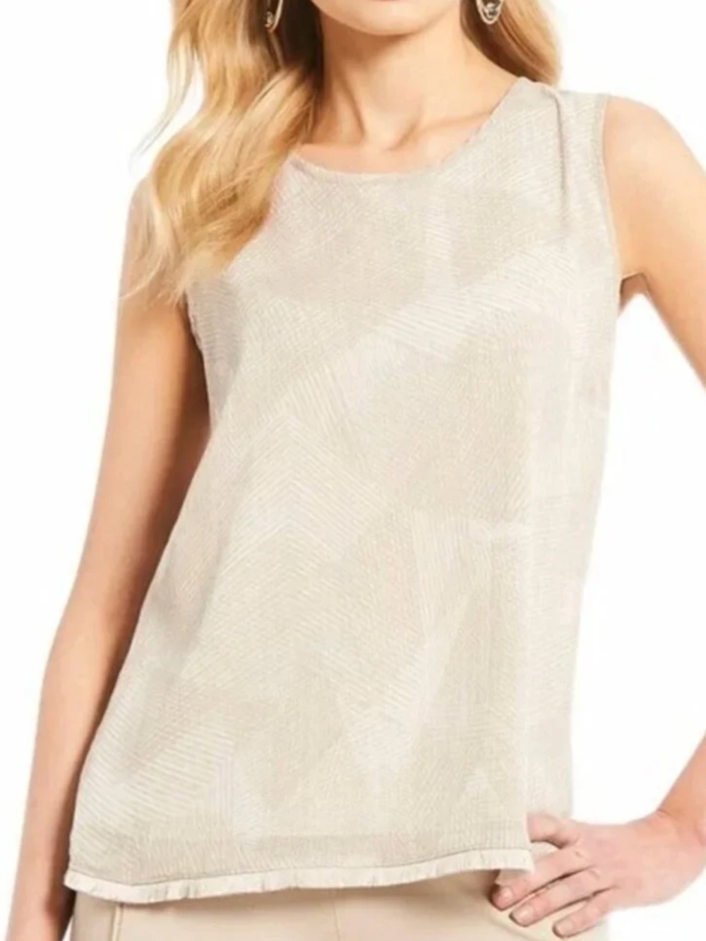 NWT H HALSTON Eyelash Fringe Beige Tan Sleeveless Geometric Tank Top - S/P